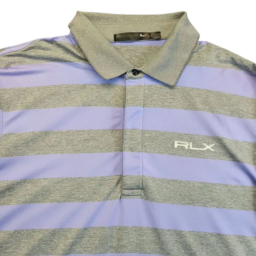RLX Ralph Lauren Mens Polo XL Purple Gray Striped Golf Shirt‎ BROADMOOR Logo